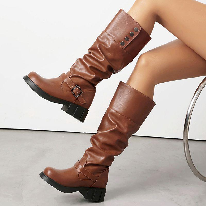 2025 Vintage Women Boots Round Toe Thick Heels 4.5cm Slip On Belt Buckle Metal Decor Plus Size 41 42 43 Leisure Bota