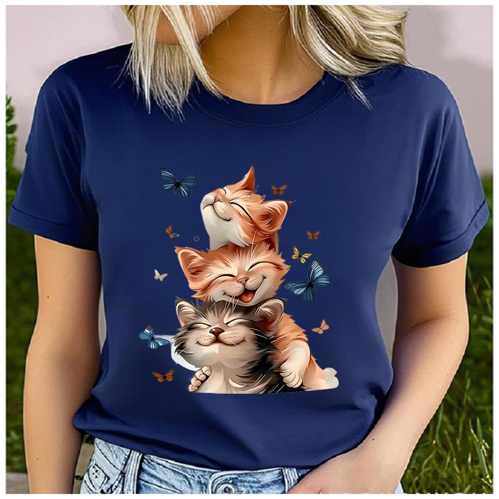 Unisex Womens Cotton Cat and the Butterfly Print Tshirt Loose Round Neck Casual Short Sleeve Fashion Top Clothing Summer