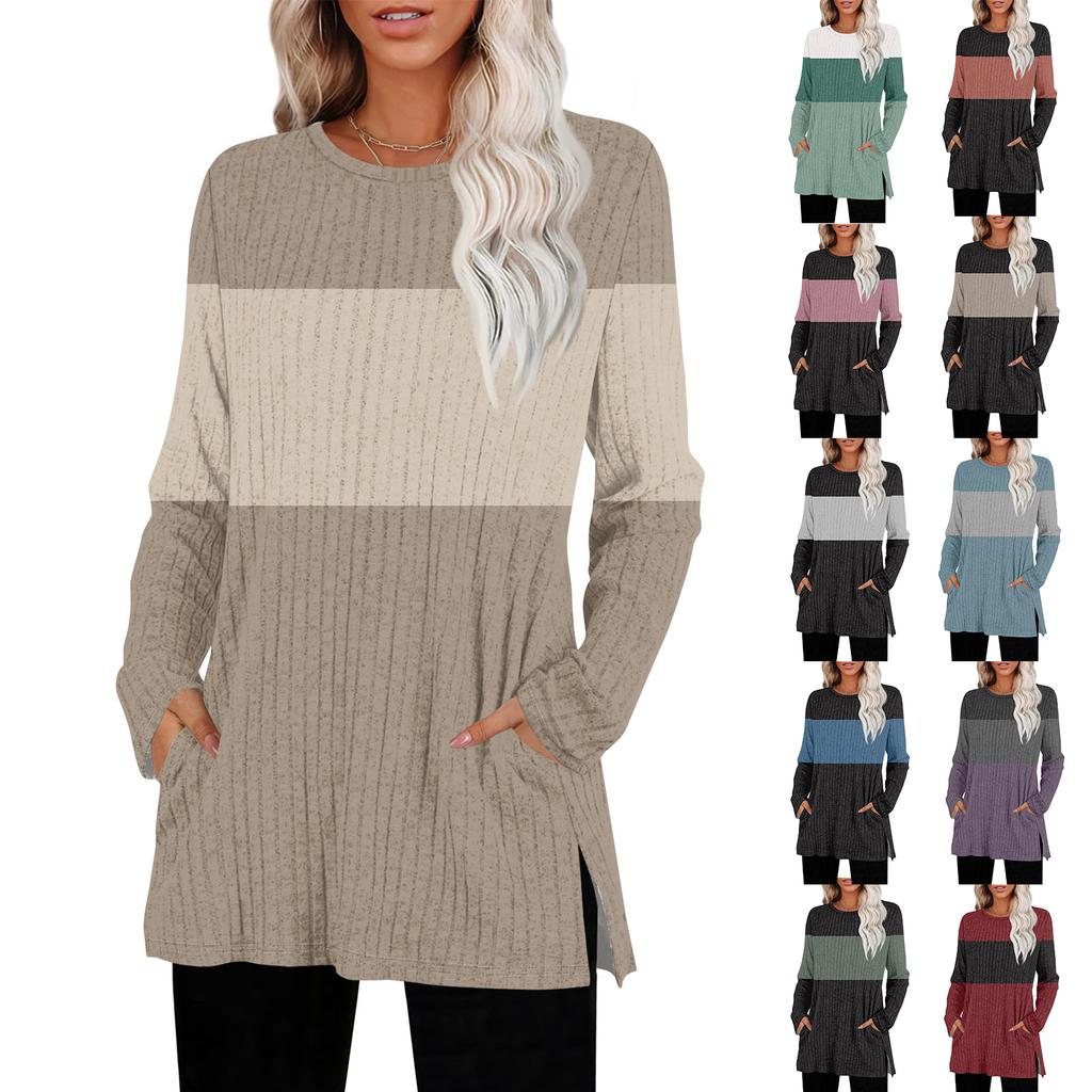 Womens Sweaters Crewneck Long Sleeve Shirts With Pockets Fall Outfits Fashion Winter Clothing Side Slit