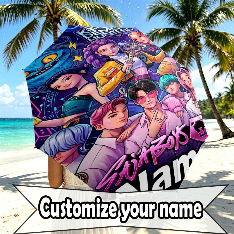 Custom Name Personalized Kpop Demon Hunter Print Umbrella, Auto Open Close, 8‑Rib Sturdy Frame, Commute Camping Hiking Use, Birthday Gift