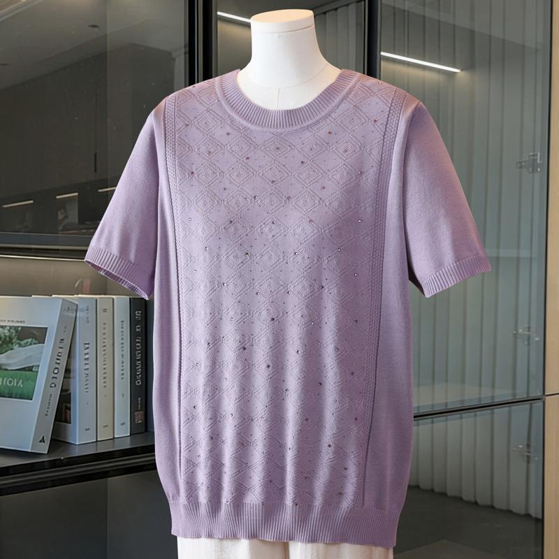 Women Plus Size Round Neck Short Sleeve Knit Sweater Rhinestone Diamond Jacquard Knit Top