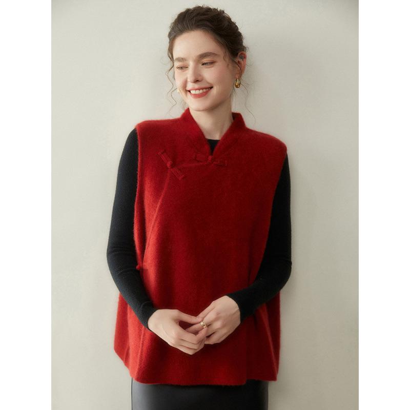 Women's Cashmere Knit Shawl Vest - Autumn/Winter Chinese Style with Slanted Lapel and Elegant Design