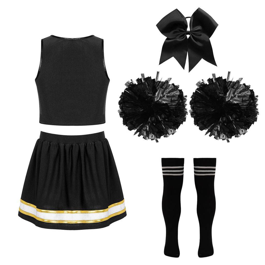 Girls Cheerleading Outfit Sleeveless V Neck Letter Print Crop Top Elastic Waist Skirt Bowknot Headwear Hand Flowers Socks