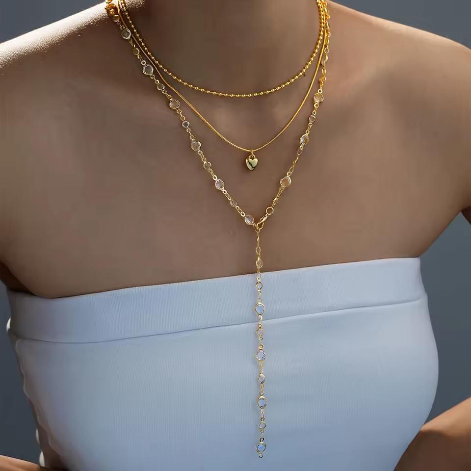 

3 Pcs/Set Heart Long Y-Shaped Tassel Crystal Necklaces for Women Vintage Unique Design Beads Chain Necklace Daily Wear Jewelry