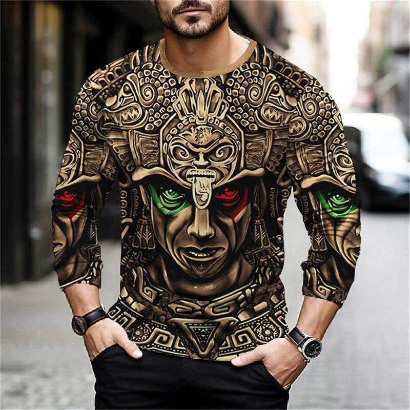 Round Neck 3D Aztec Graphic Printed Casual Long Sleeved Men's T-shirts - Soft Medium Stretch Polyester Fabric Spring and Autumn Relaxed Fit Clothing