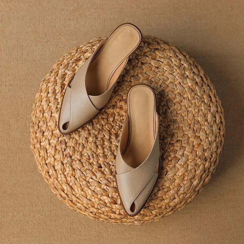 Fashion 2024 Summer Slippers Women Genuine Leather Shoes for Women Pointed Toe Chunky Heel Mules Sandals Women Hollow Out Ladies Shoes