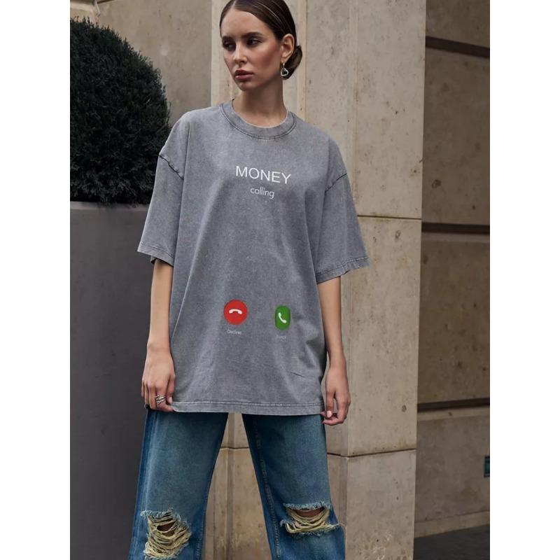 

Женский весенне-осенний стиль, американский ретро, выстиранный, уличный, хлопок, короткие рукава, модный и свободный 3XL серый