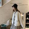 Women's Korean Style Color Block Lambswool Cardigan: Loose Fit, Contrast Stitching, Button-Up, Pocketed, Long Sleeve, Round Neck Winter Coat