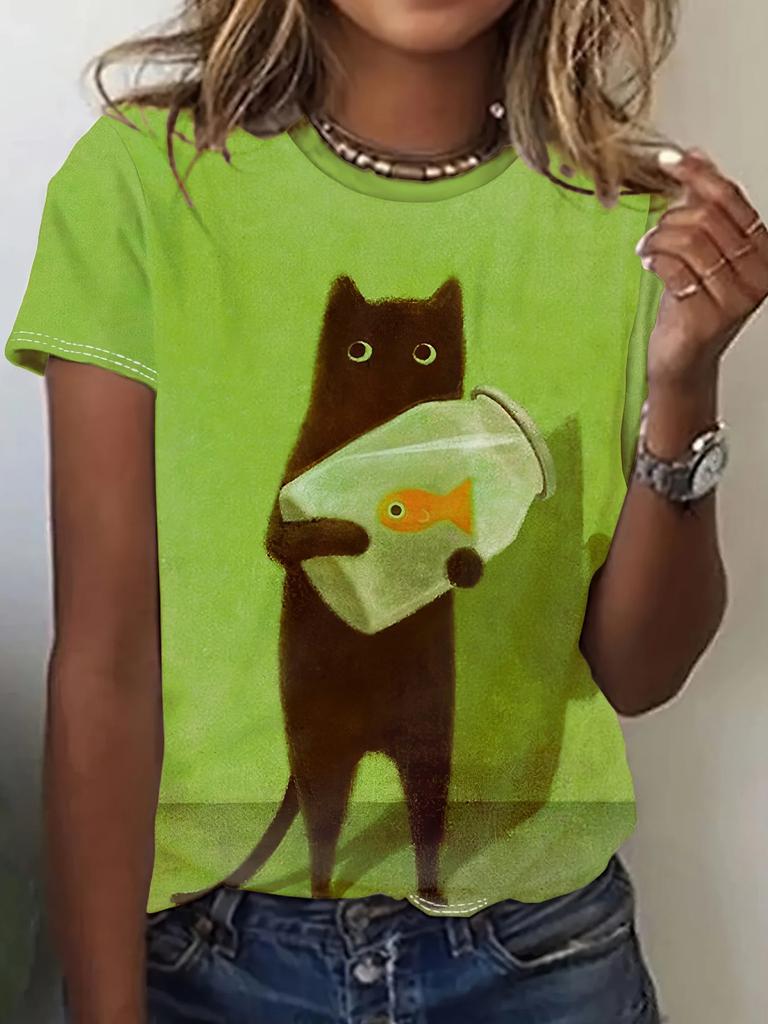 Summer Women Fashion T-shirt Funny Cartoon Cat Pattern O-Neck Tops Tees Female Short Sleeve Clothing Ladies Daily Casual Outfit