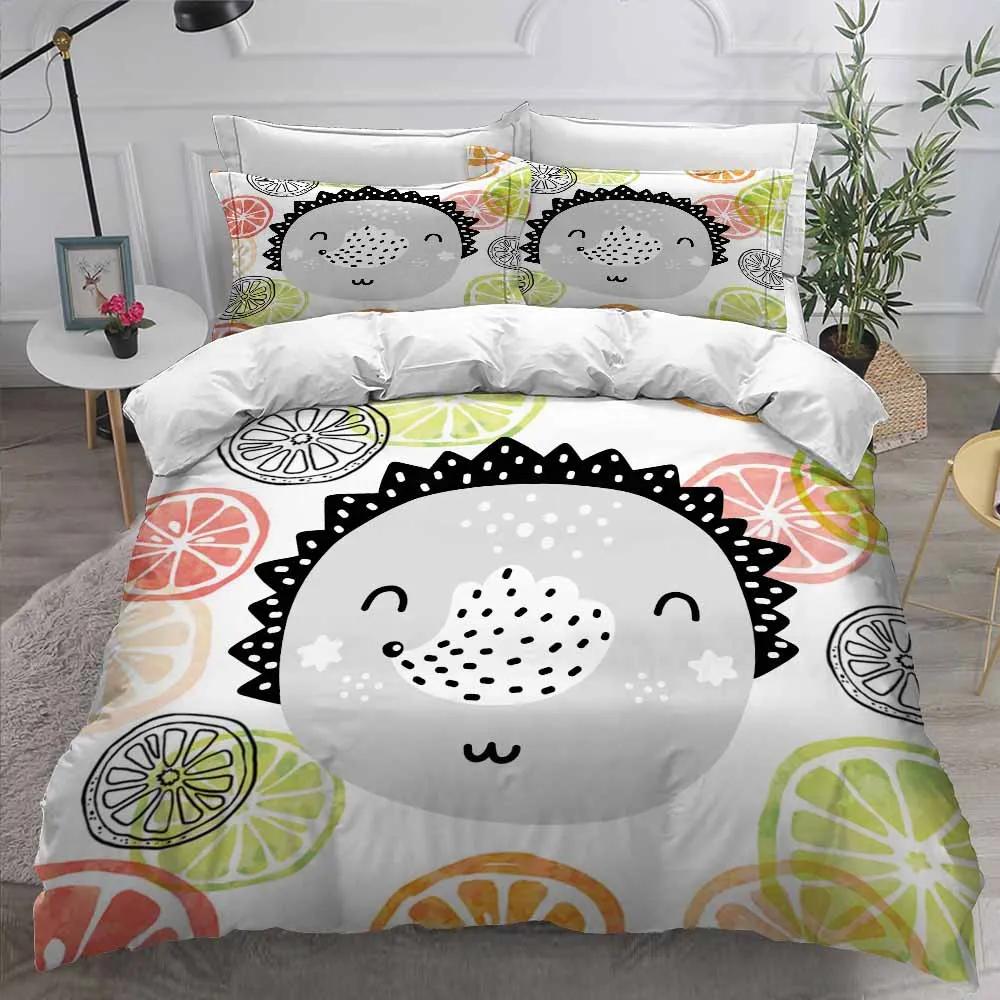 Printed Flower Hedgehog Duvet Cover Set Super Soft Comfortable 100% Polyester Bedding Set Cute Cartoon Kids Bed Linens Girl Boy
