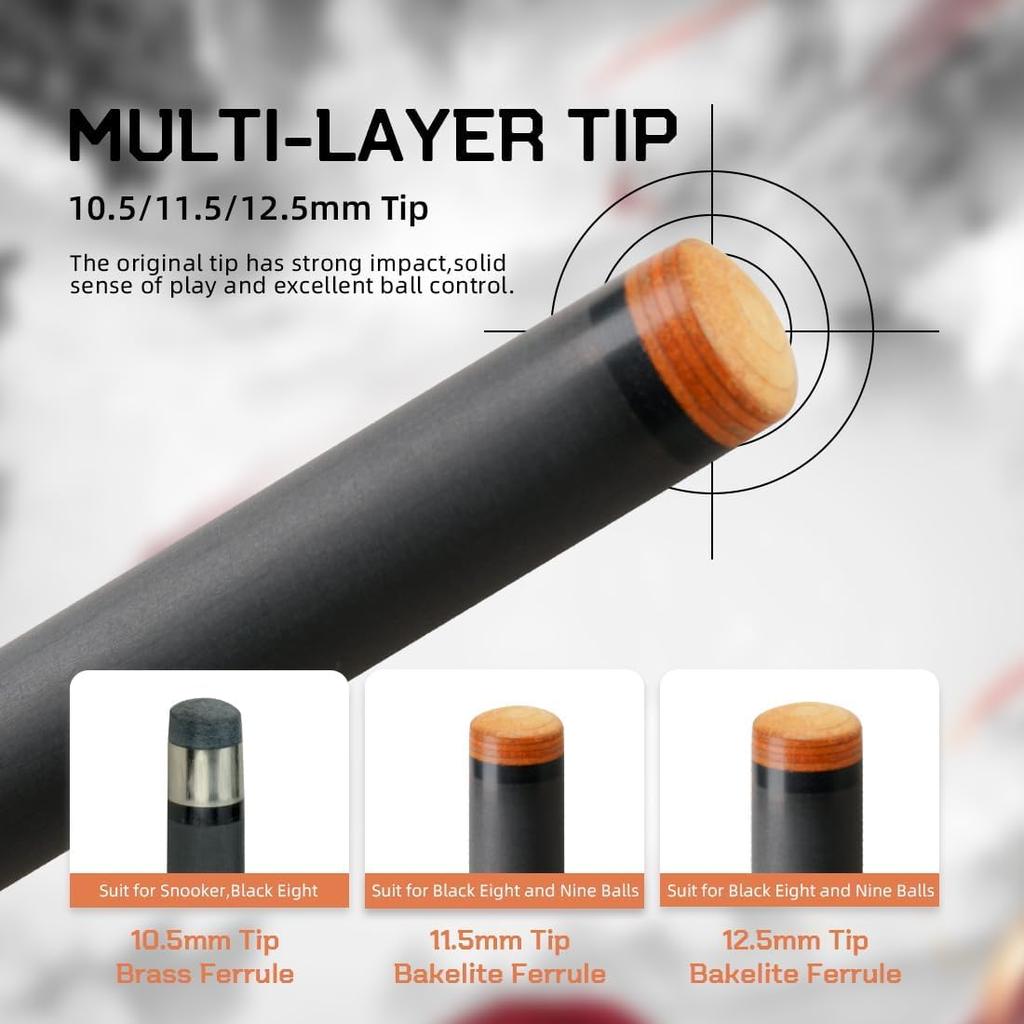 KONLLEN Carbonfaser Pool Queue, 58 Zoll Billard Queue, Professioneller Low Deflection Pool Queue mit 10,5mm/11,5mm/12,5mm Spitze