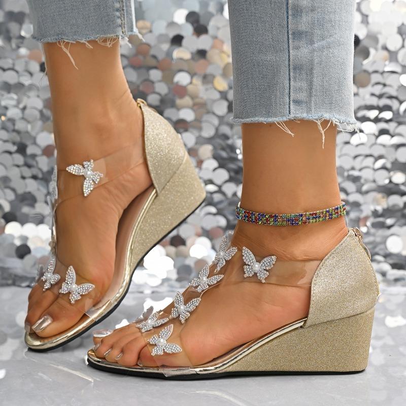 Fashion Crystal Butterfly Women Wedges Sandals Fashion Mid Heels Shoes Designer Luxury New Slippers 2025 Summer Dress Sandalias De Mujer