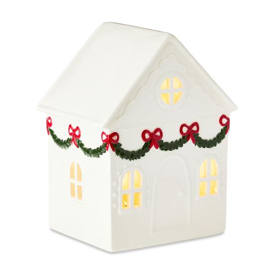 Christmas Village House Figurine LED Lighted White Small House Tabletop Decoration Winter Rustic Farmhouse Holiday Decor for Mantel Tabletop Room