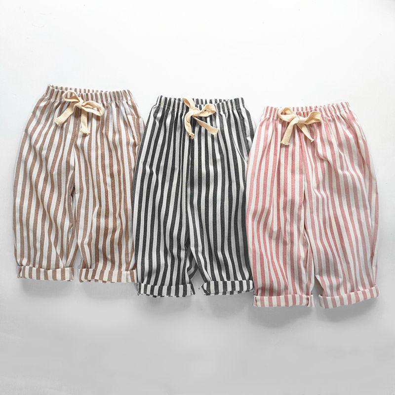 Children's Cotton and Linen Striped Cropped Pants Summer Girls' Loose Striped Pants Casual Lace Up