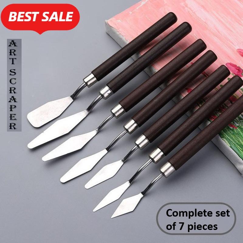 7-Piece Artist Palette Knife Set - Stainless Steel & Wood Watercolor Oil Painting Scrapers, Gouache Pigment Mixing Hand Tools
