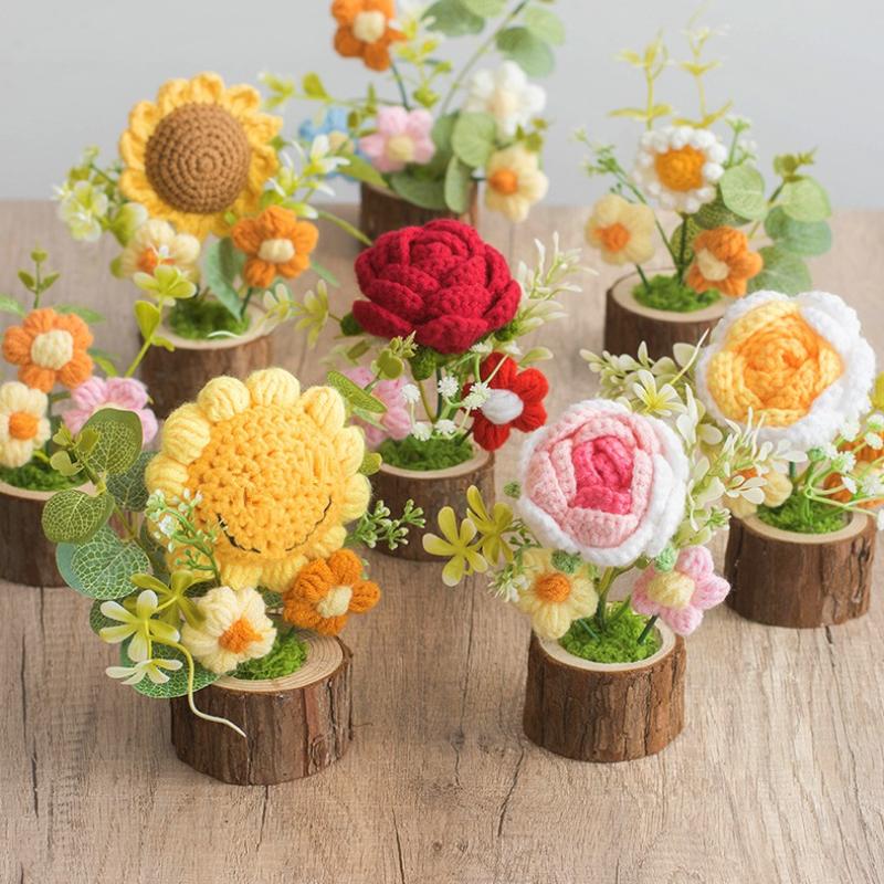 Handmade Crochet Flowers Potted Ornament Car Center Console Decor Cartoon Knitting Flowers Potted Diy Decoration Accessories