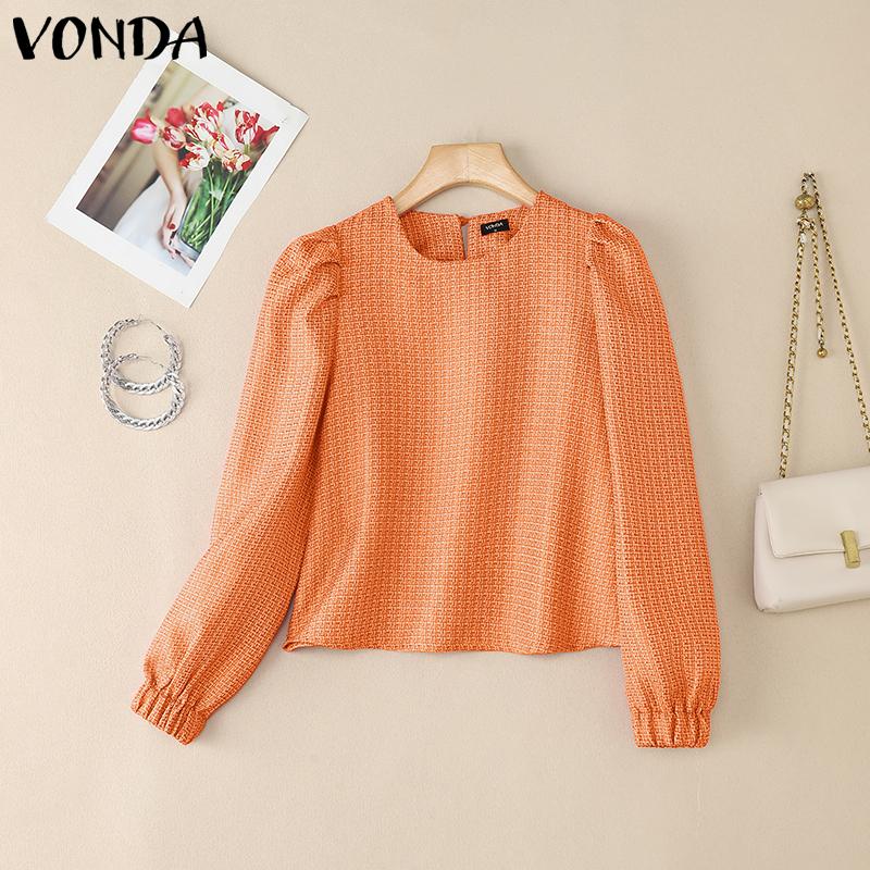 

VONDA Elegant Women Round Neck Long Sleeve Texture Casual Office Blouse Nonelastic 2XL оранжевый