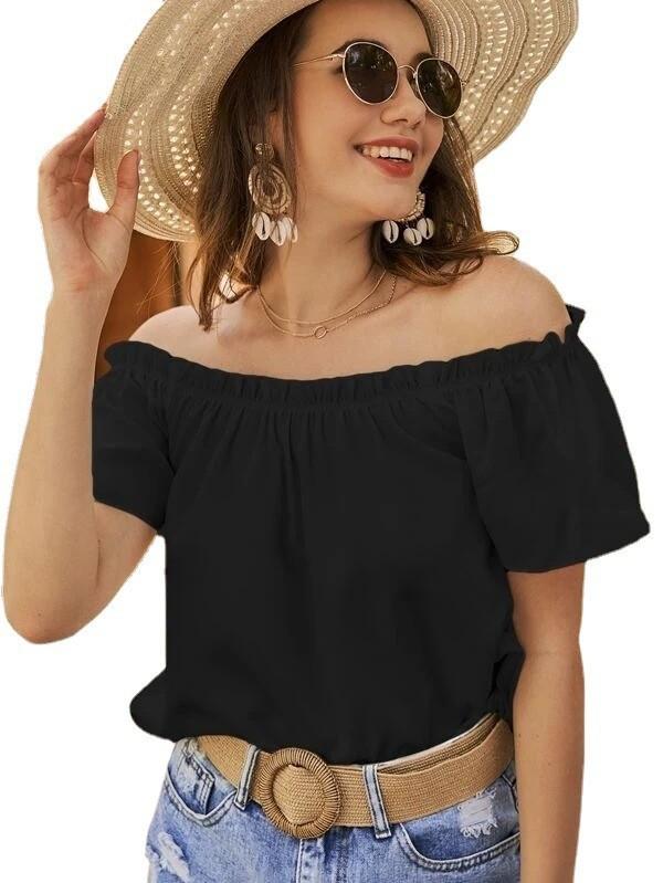 Women's Loose-fit Off-the-shoulder Boat-neck Ruffled Short-sleeved Shirt
