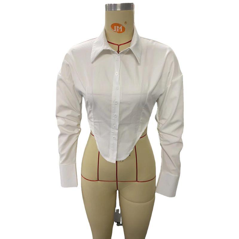 Stylish Beautiful Fashion Sexy Short Asymmetrical Curved Hem Shirt Women's Waist-Tight Slim Looking Ruched Button Top