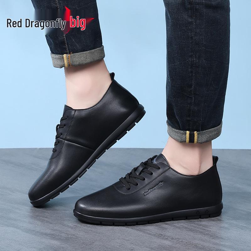 Red Dragonfly Men's Waterproof Leather Casual Shoes - Winter Soft Sole, Flat Bottom, Black