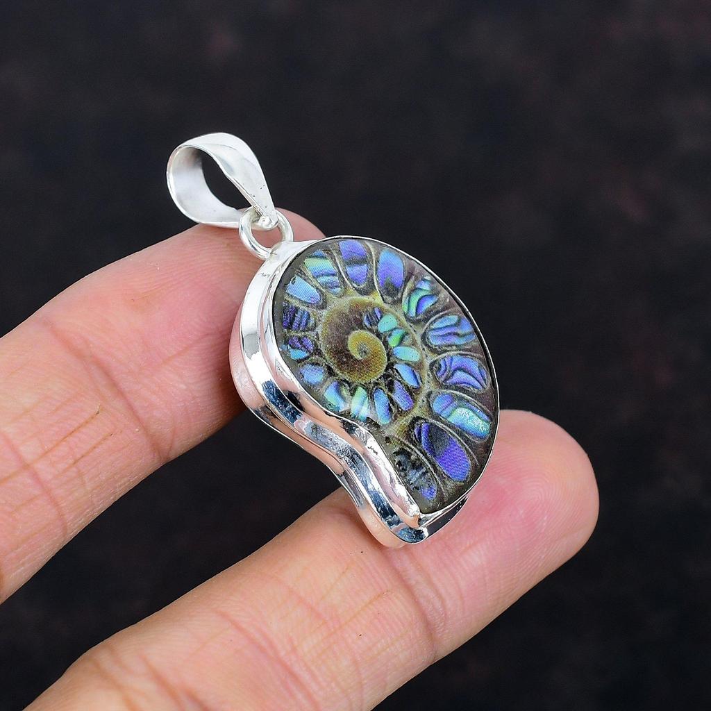 Abalone shell in ammonite fossil pendant gemstone pendant handmade jewelry 925 sterling silver pendant birthstone pendant anniversary gifts