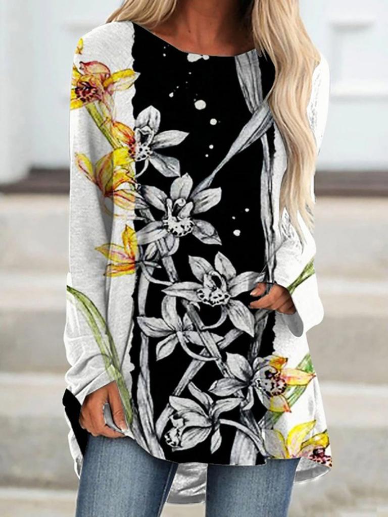 Plus Size Women Spring Butterfly Printed Comfy Long Sleeve Round Collar T-shirt Casual Baggy Mid Length Tee Tops