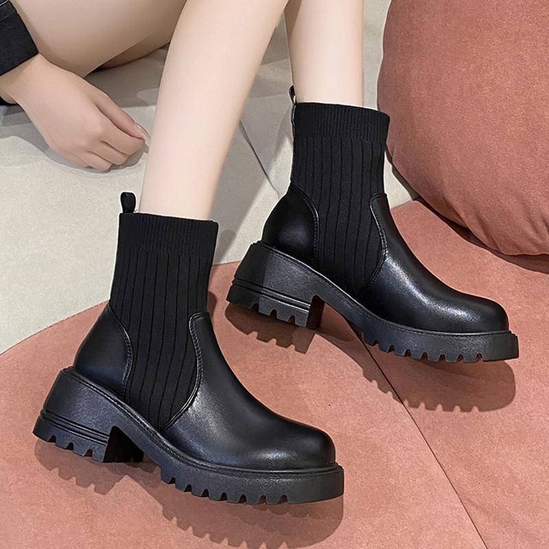 fashion Rimocy Women's Fashion Platform Ankle Boots Autumn Winter Chunky Heels Knitting Short Boots Woman Slip On PU Leather Botas Mujer