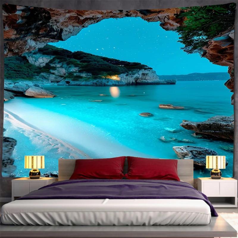 Tapestry with Sea Cave Design, Wall Hanging Decoration, Polyester Printed Art, Home, Bedroom, Ocean, Nature, Bohemian Style