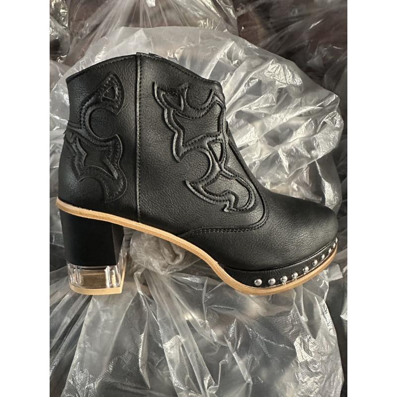 Leather Women Ankle Boots Women's Shoes Low Heel Cool British Embroidered Design Soft Short Boots Party Women Footwear