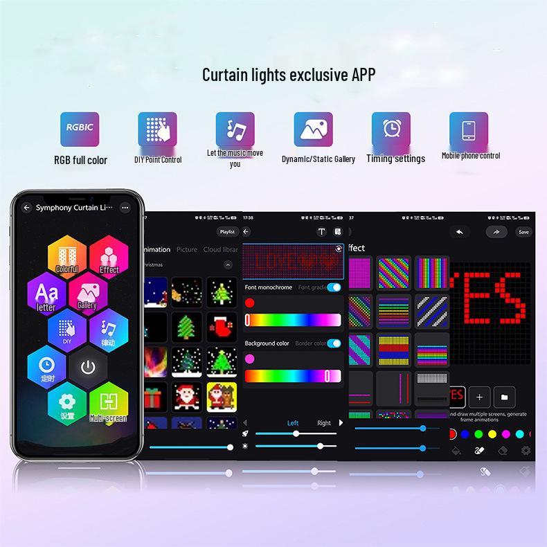 Smart LED String Curtain Lights with App-Controlled Custom Patterns and Text