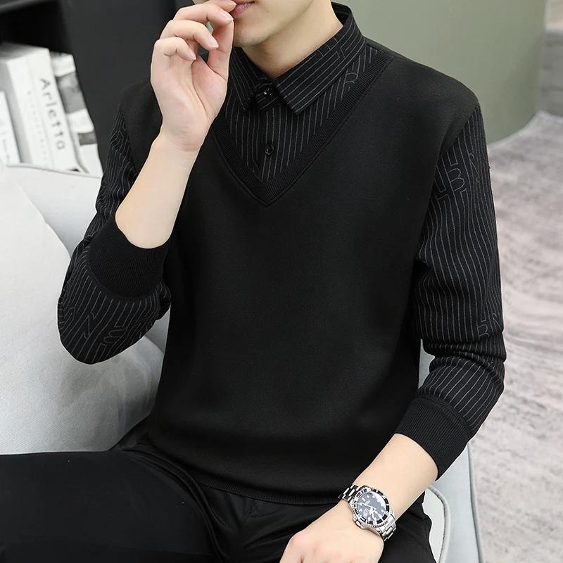 Men's Clothing Polo-Neck Pullovers Men Button Knitted Business Casual Sweater Autumn Winter Striped Patchwork Basic Fashion Sweaters