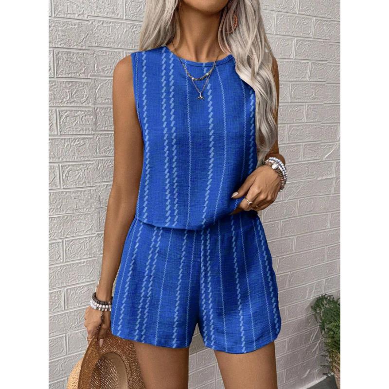 

Fashion Striped Print Set Female Casual O Neck Sleeveless Pullover Tops High Waist Shorts Two Piece Sets for Women Summer New XS синий