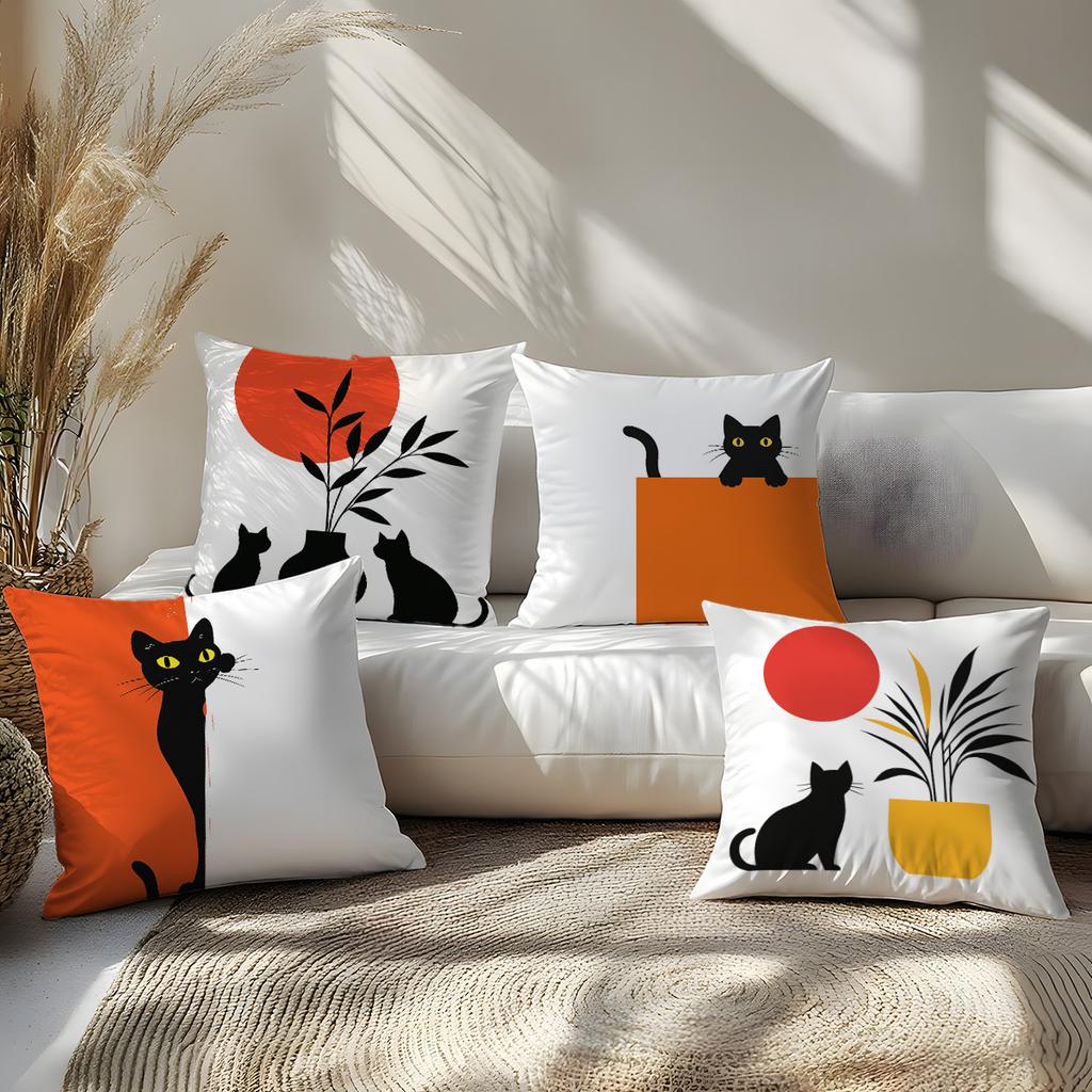 Minimalist Black Cat & Plant Throw Pillow Covers, Mid-Century Modern Cat Print Cushion Cases, Terracotta & Red Sun Home Decor