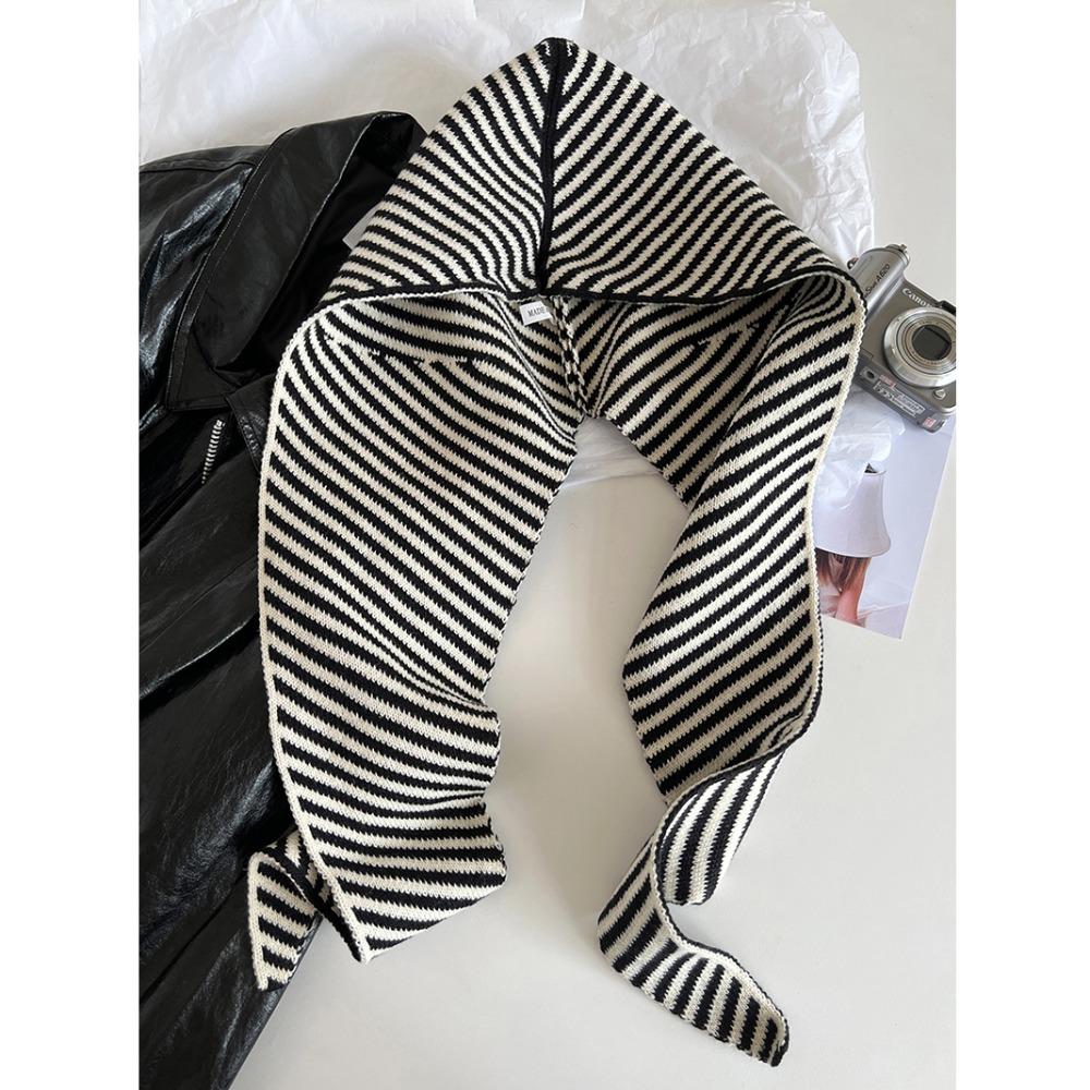 

Neckerchief Knitted Beanies Hat Winter warm Girls Hooded Scarf Casual Striped Balaclava Hat чорний
