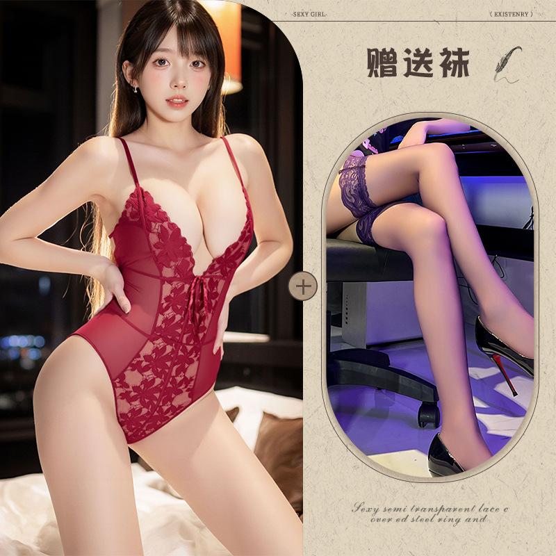 Sexy Lace Suspender Deep V Sex Underwear Lace-Up Perspective Hollow Mesh Onesie