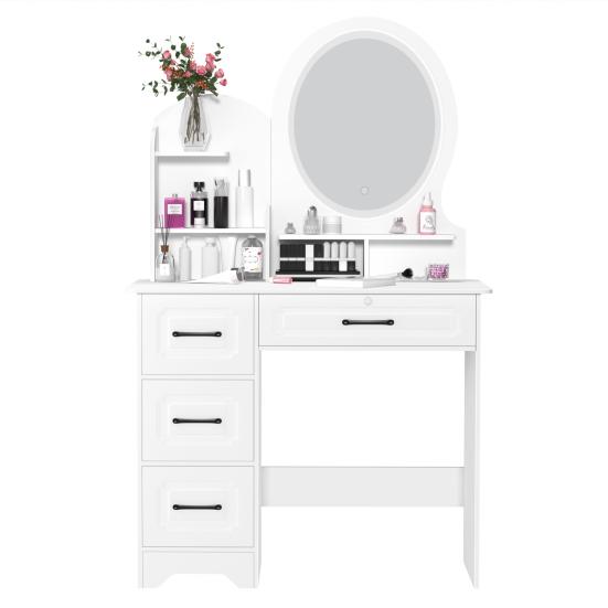 Makeup Desk with Mirror, Large Vanity Desk with Storage Shelves, 4 Drawers, Makeup Vanity Table with Light, Bedroom Dressing Table