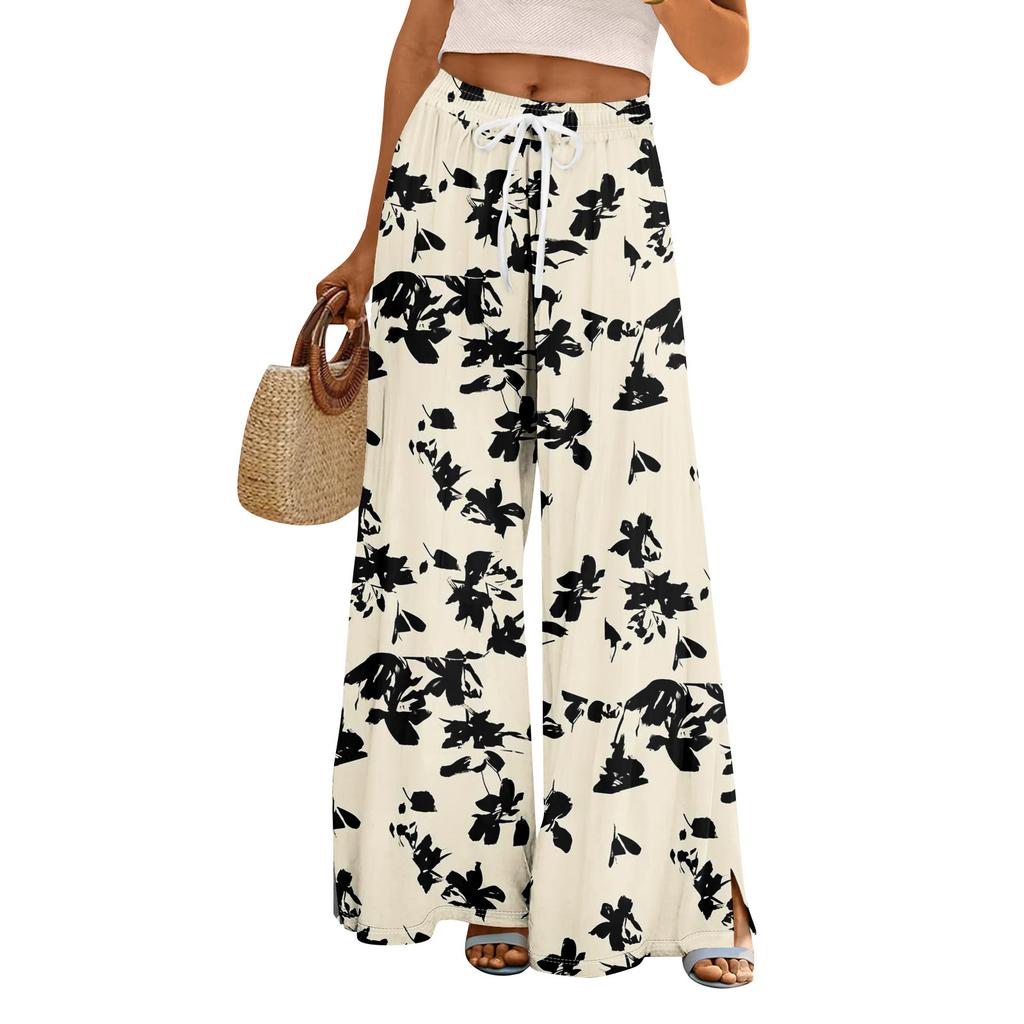 Women Summer Boho Palazzo Pants High Waist Wide Leg Floral Printing Casual Trousers With Pockets