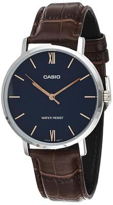 Casio Minimalist Blue Dial Analog Watch with Brown Leather One Quartz MTP-VT01L-2B Men's Band, Silver, Size, Movement.