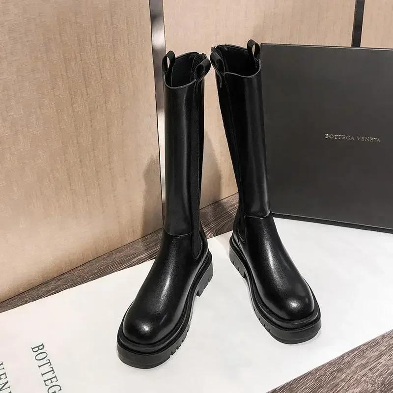 Fashion Knee High Shaft Shoes Woman Winter 2024 Round Toe Middle Heel Long Boots for Women Sale On Promotion Large Size Warm Gyaru Work