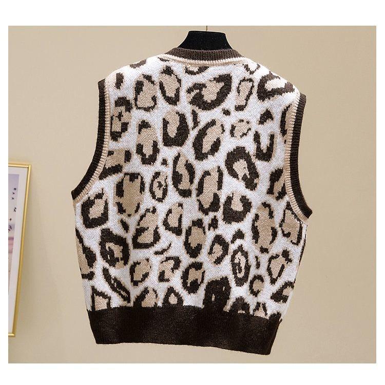 Dámská pletená vesta s výstřihem do V se vzorem leopardí srsti Jarní a podzimní vesta Korejský pulovr Svetrová vesta