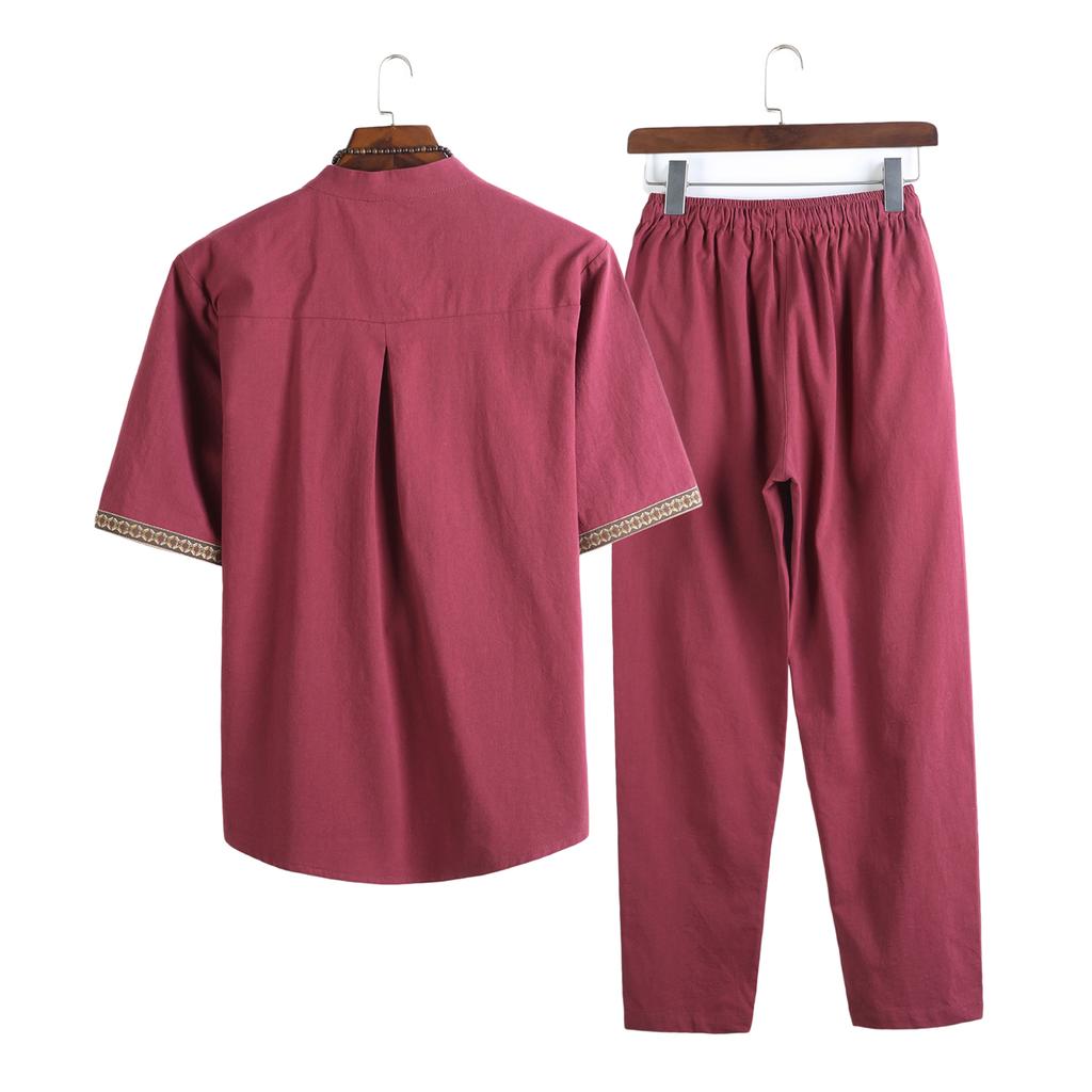 Mens Linen Sets Summer Men Streetwear Jogger Shirts+Long Pants Male Chinese Style 2 Pieces Hanfu Tracksuit Tang Suit