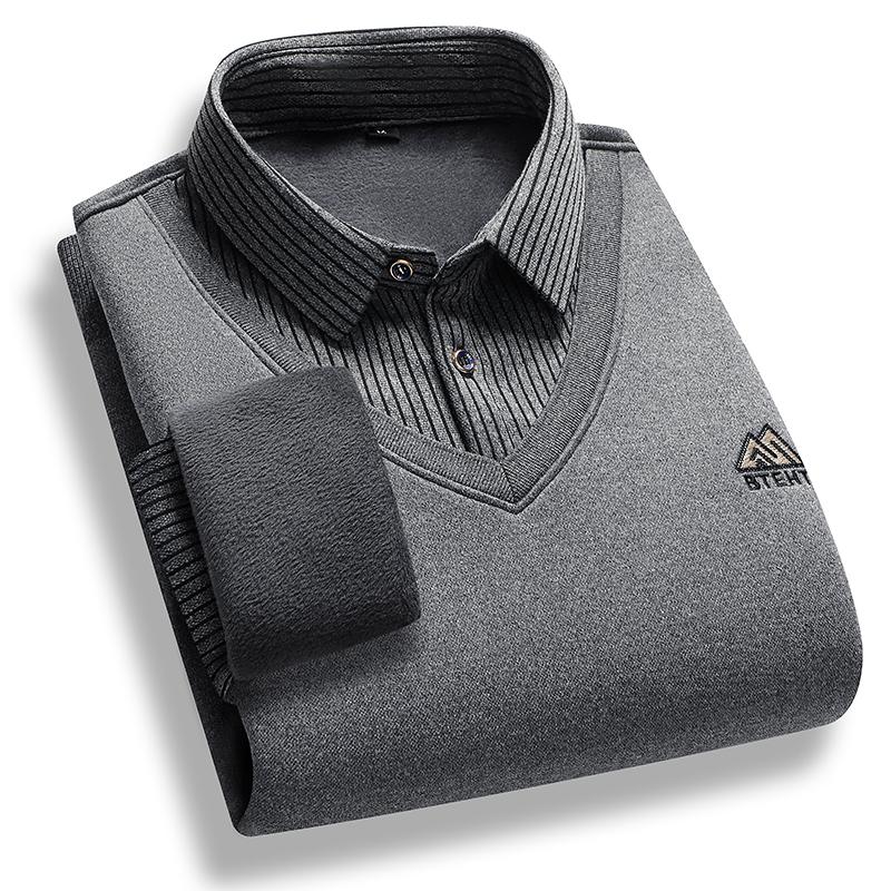 Men's Fleece Lined Sweater Polo Collar Pullover Tops Fashion Business Causal Pullovers Korean Slim Fit Thick Winter Clothes