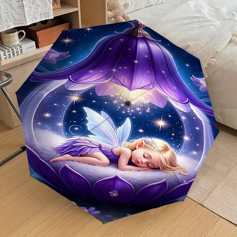 1 Stück Feenblume Automatisches Öffnungs-/Schließschirm mit Winddichtigkeit, Stabiles Dach mit 8 Speichen, Langlebige Speichen, Modisches Design, Outdoor-Accessoire, Lustiger Druck, Hol