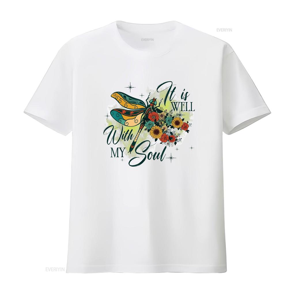 It is Well with My Soul Dragonfly Flowers Womens Summer Tops T Shirt White vintage Washed Soft Top For Everyday Wear Stretched