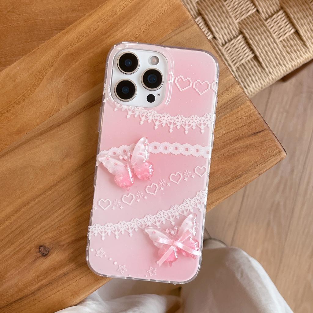 Gradual Change Pink Lace Edge Bow for iPhone16Pro Max iPhone 17 Case 14/15 Girl
