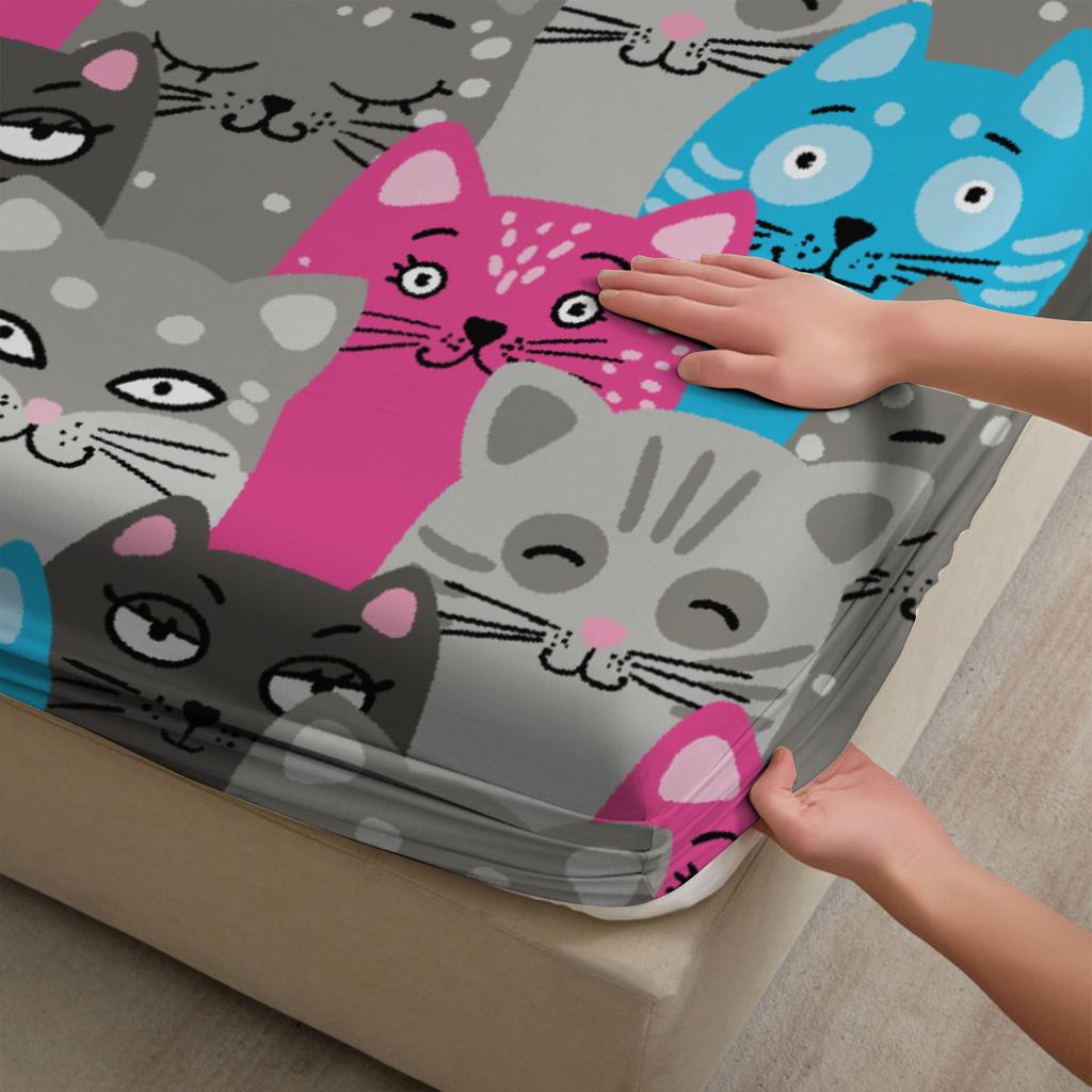 3pcs Colorful Cats Fitted Sheet Cartoon Cat Pattern 3D Print Gifts For Students Girls 100% Polyester Flat Sheet With Pillowcases