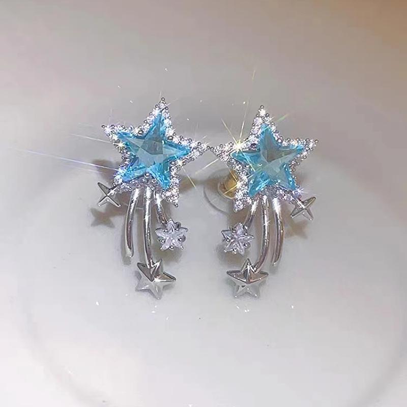 High-End Blue Zirconia Star Stud Earrings: Luxury, Versatile & Full Diamond Ear Ornaments