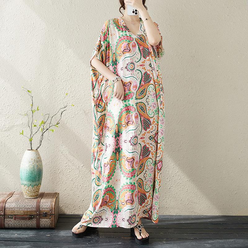 Women's V-neck Printed Long Dress Loose Soft and Comfortable Plus-size Dress Casual Breathable Summer Beach Dress for Female