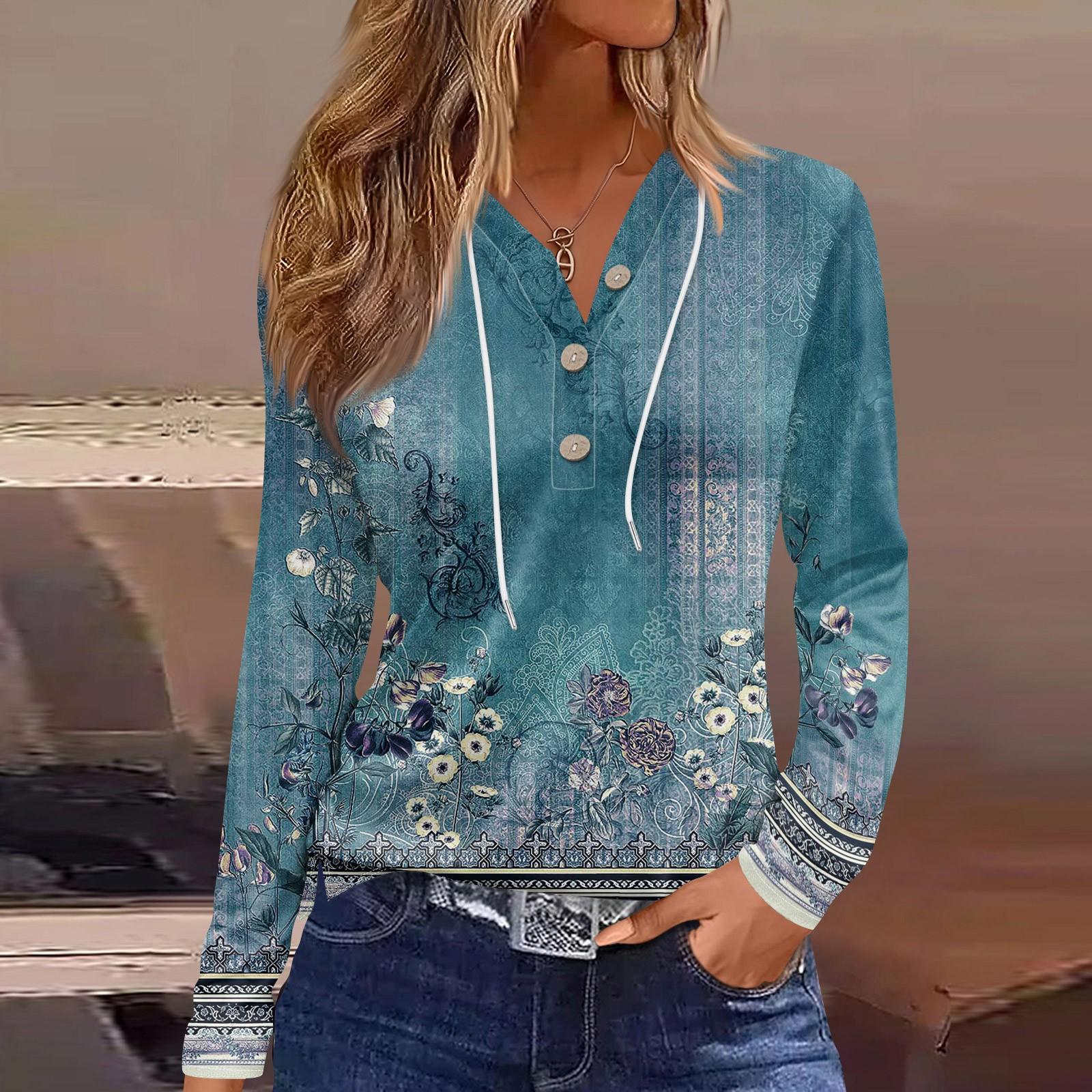 

Жіноча футболка з довгим рукавом і квітковим принтом на ґудзиках, щоденна мода на вихідні, звичайний топ із V-подібним вирізом M синій