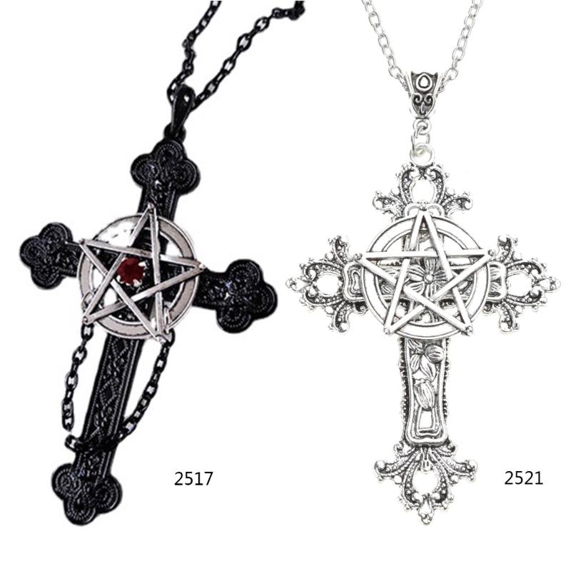 Retro Five-Pointed Star Crucifix Pendant Necklaces Alloy Texture Woman Pentacle Jewelry Pendant Necklaces for Daily